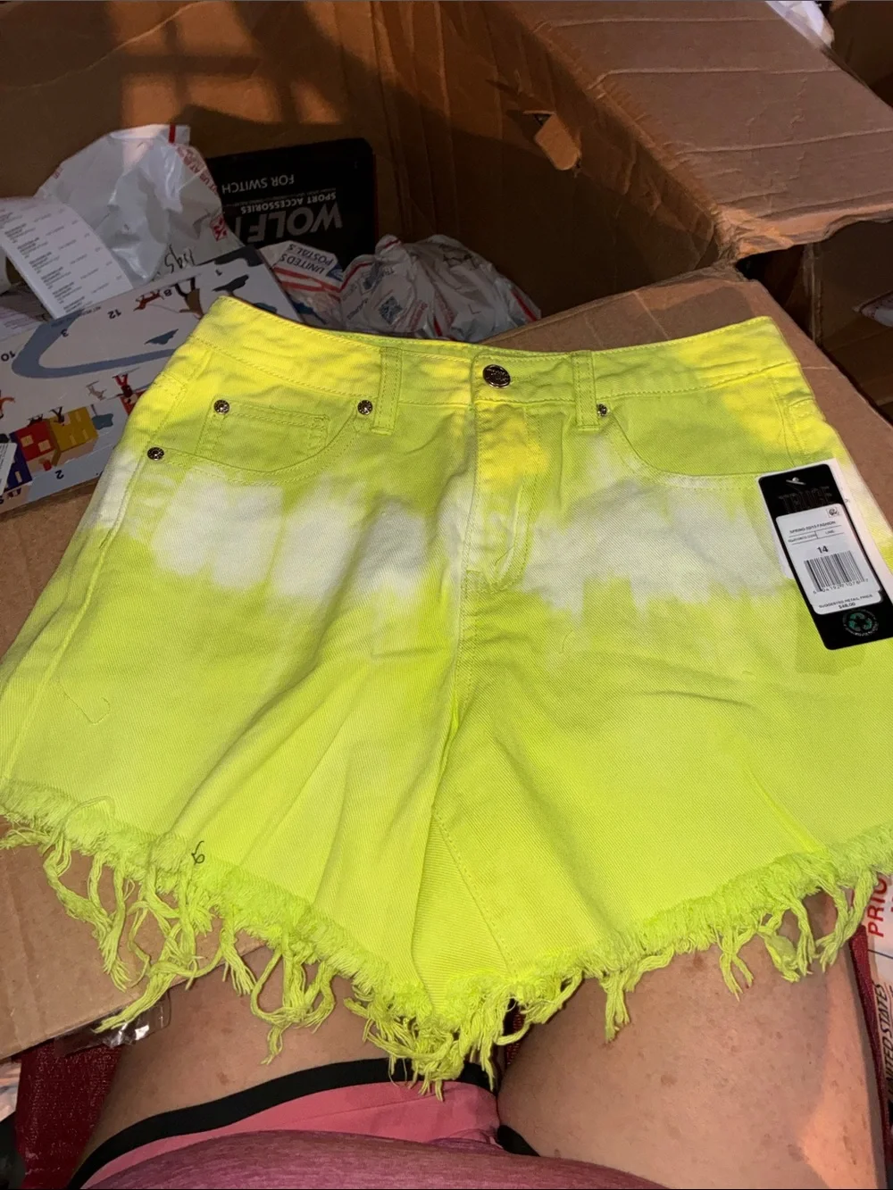High-Waist Neon Yellow Tie-Dye Frayed Hem girls  Shorts